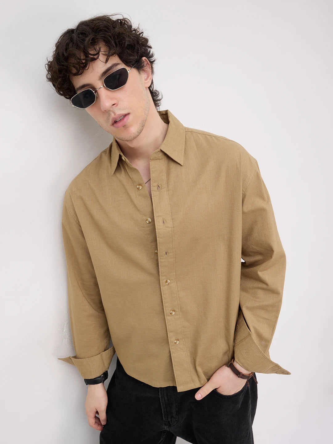 Rich Khaki Micro Square Textured Boxy Fit Crop Shirt