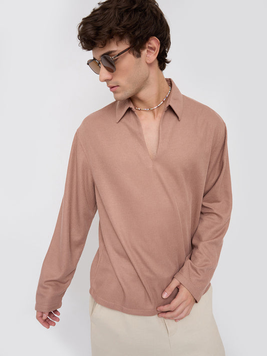 Soft Brown Micro Weave Knitted Oversized Polo Shirt