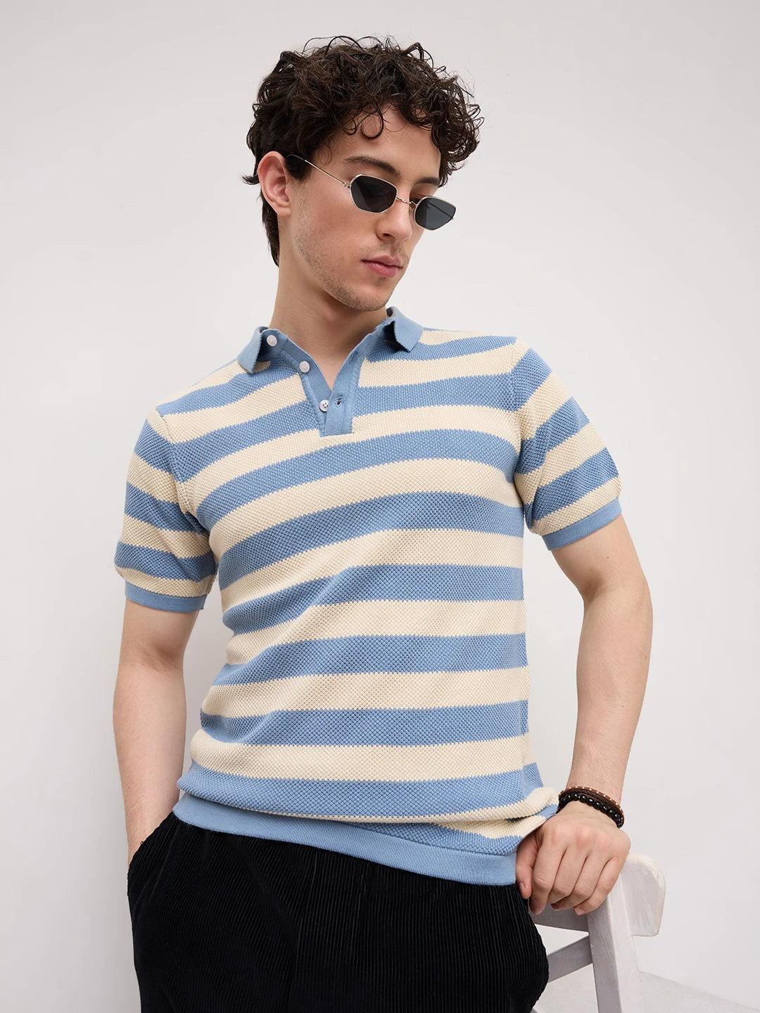 Blue & White Coastal Striped Flat Knit Polo T-Shirt