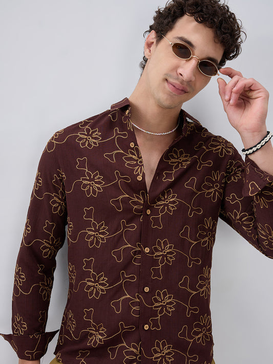 Brown Slub Textured Floral Contrast Embroidered Shirt