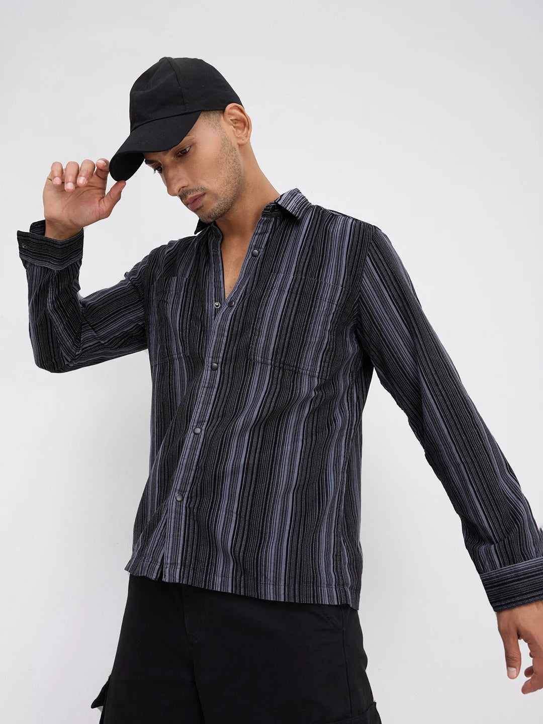 Graphite Striped Double Pocket Corduroy Shirt