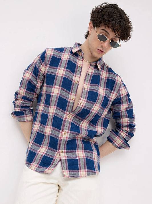 Denim Blue & Red Tartan Checked Shirt