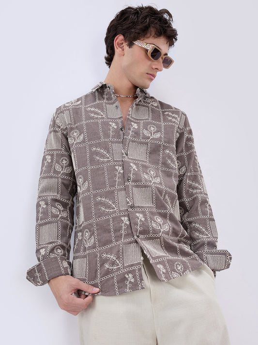 men's embroidered dress shirts FARM Rio Off-White Embroidered Lace Buttoned Smocked Cuff Shirt, Off-White / L