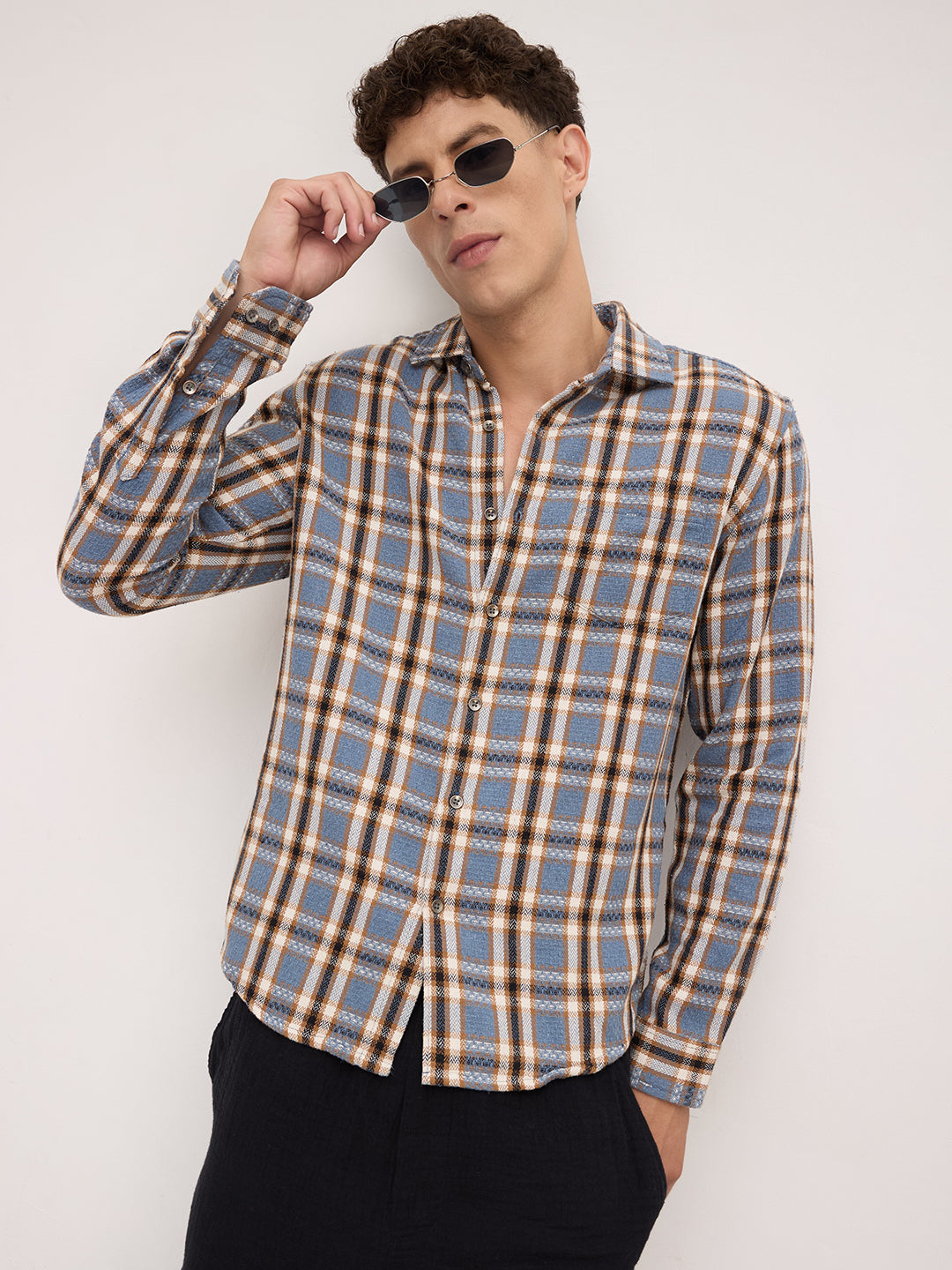 Ocean Blue Chevron Checkered Woven Shirt