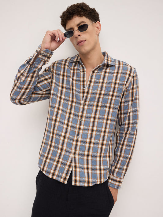 Ocean Blue Chevron Checkered Woven Shirt