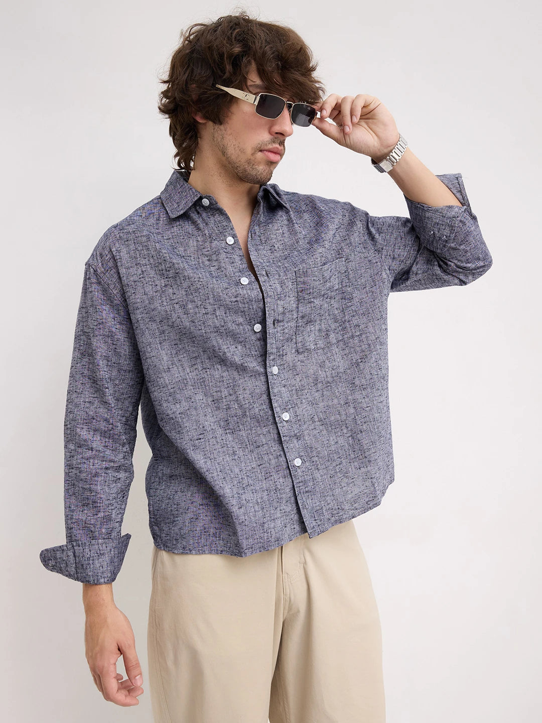 Navy Melange Textured Boxy Fit Crop Shirt