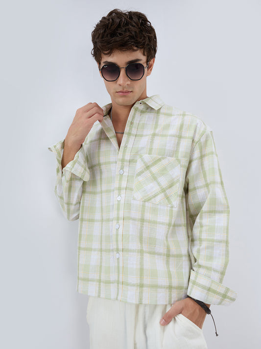 Premium Spring Green Fine Weave Linen Blend Boxy Fit Crop Shirt