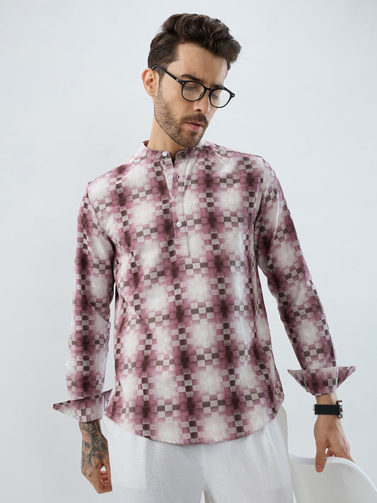 Turkish Rose Pink Pixel Block Checks Kurta