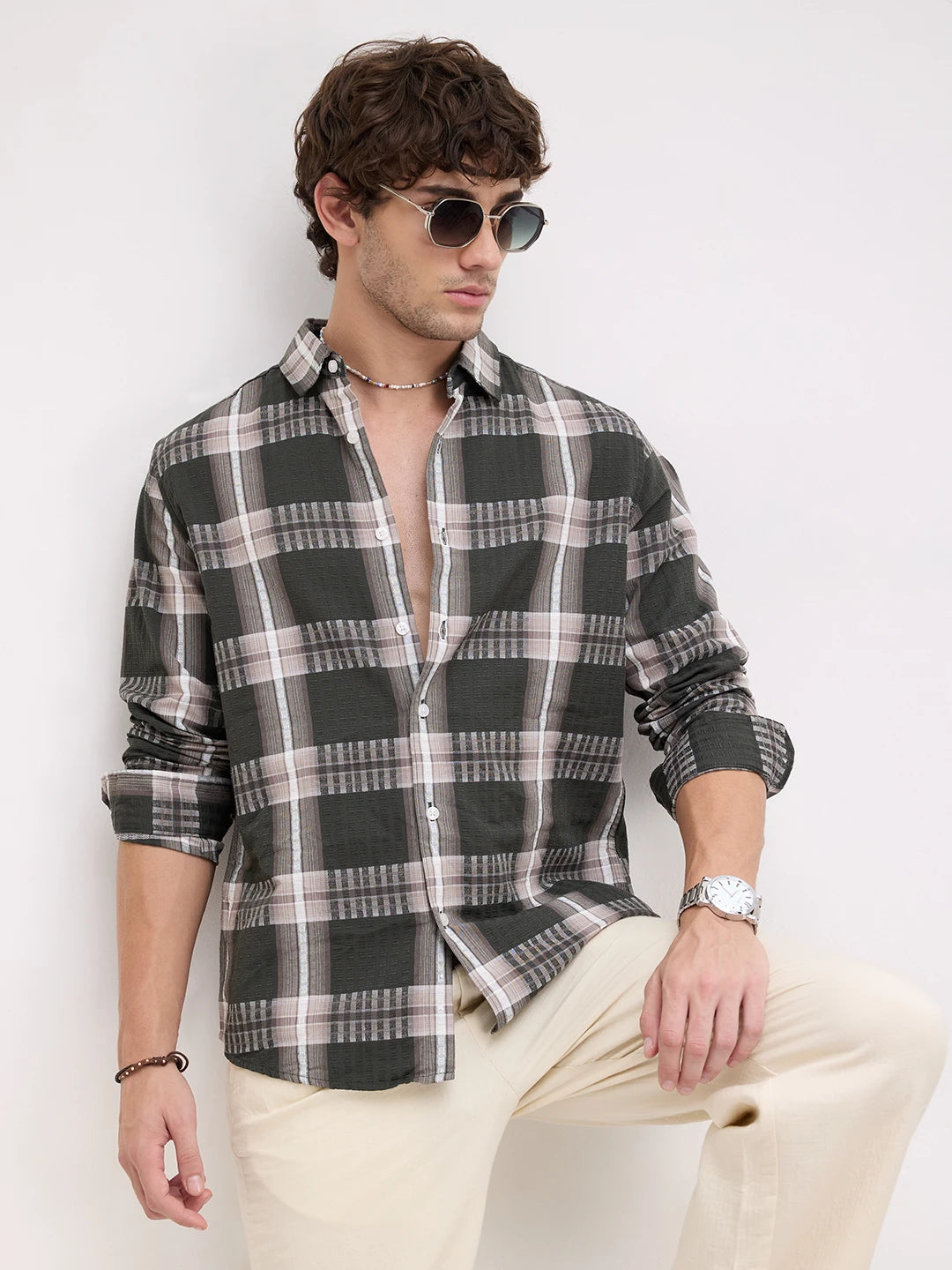 Forest Green Soft Textured Checks Shirt