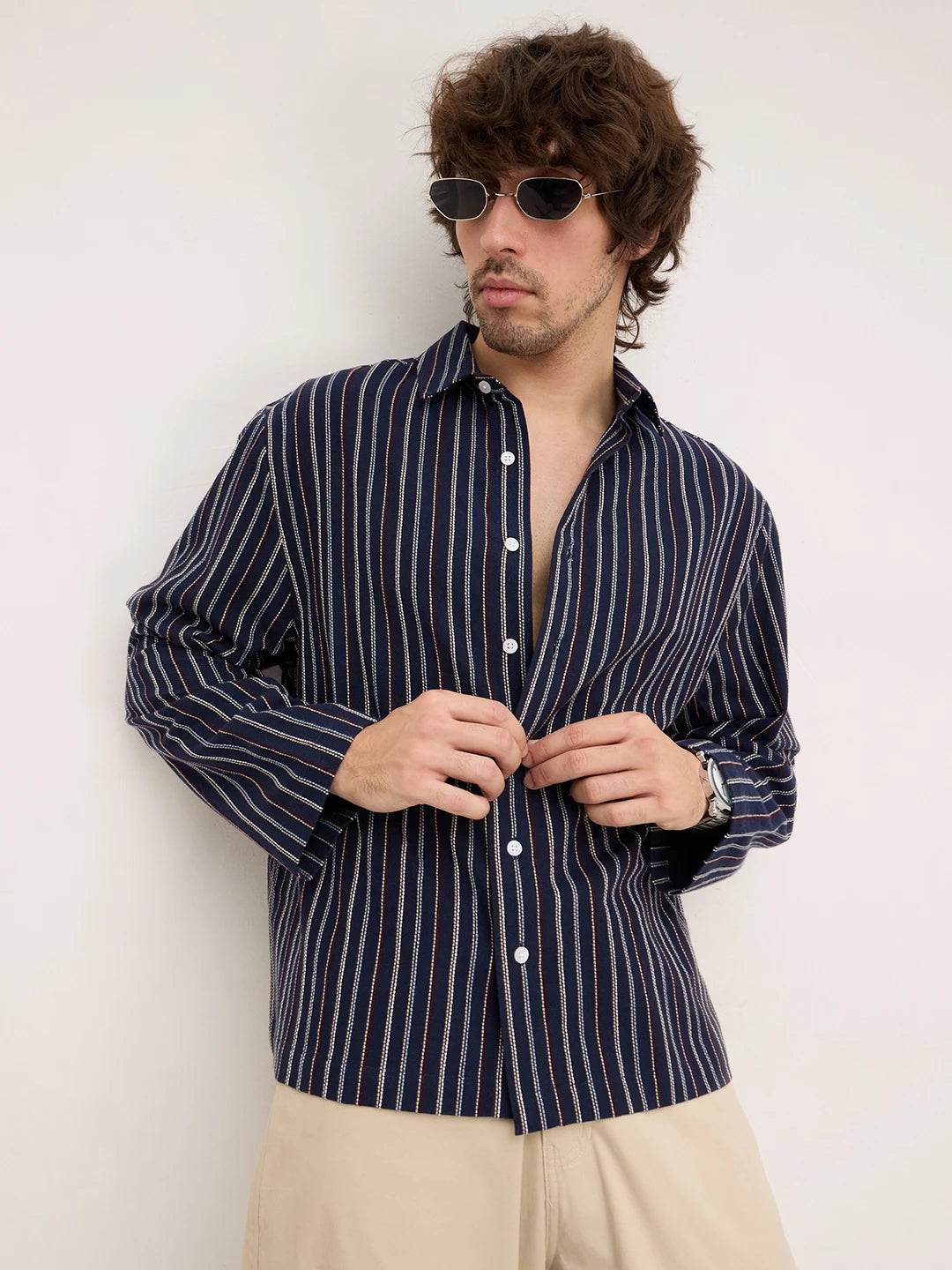 Navy Dual Embroidered Striped Cuffless Oversized Shirt