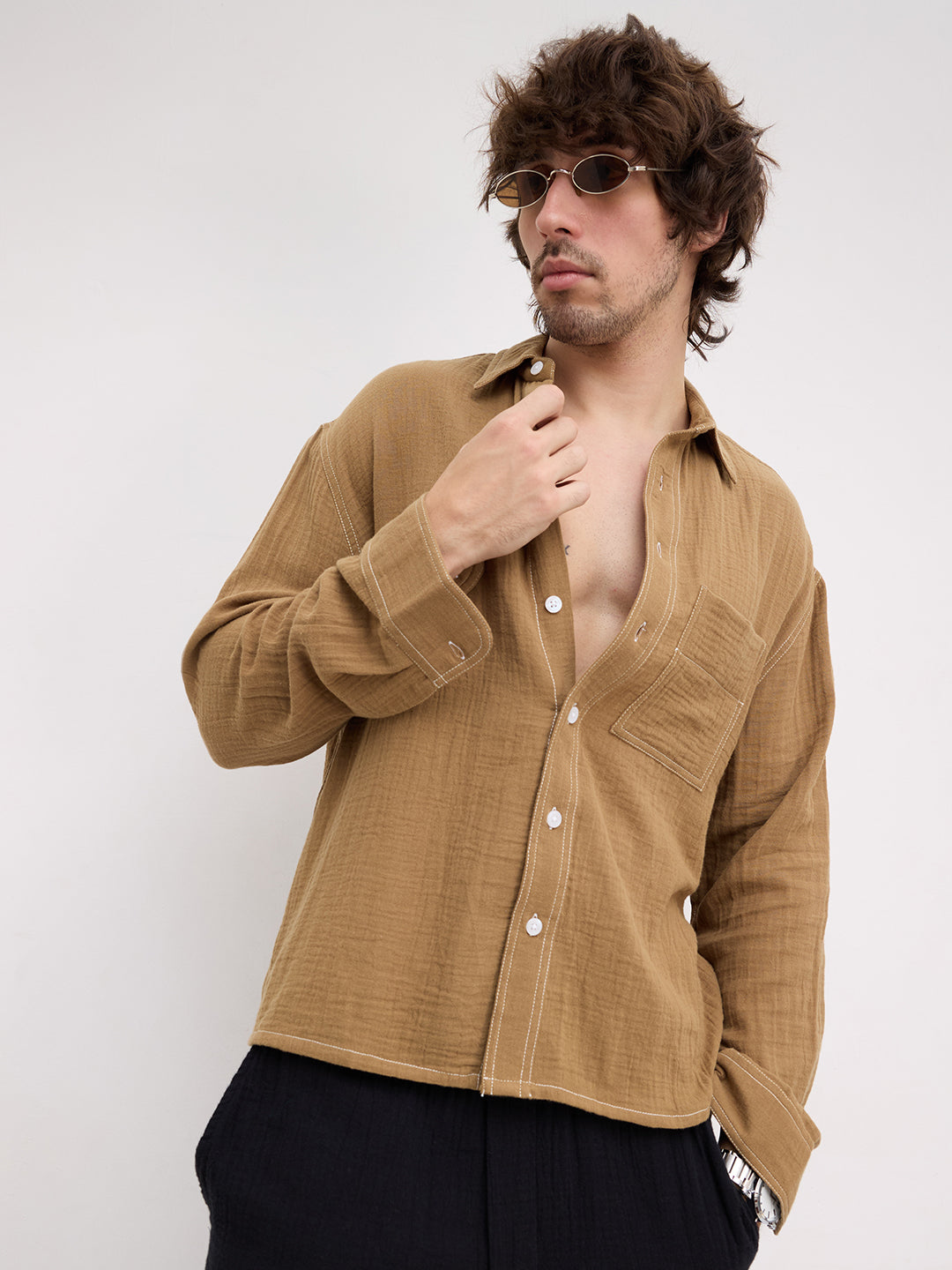Wood Brown Double Cloth Contrast Stitch Boxy Fit Crop Shirt