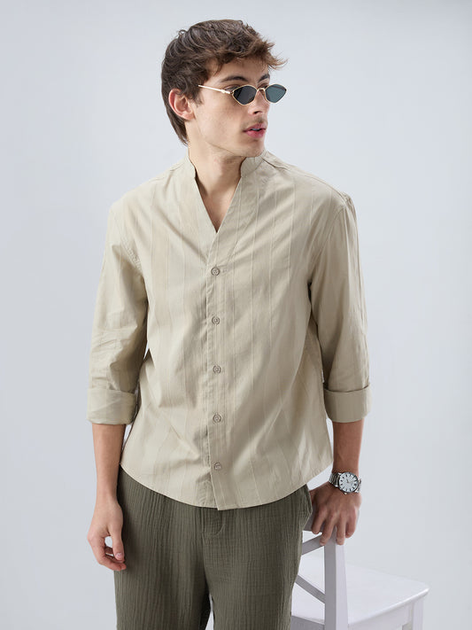 Sandstone Khaki Panel Textured Stand Collar Oversized Shirt