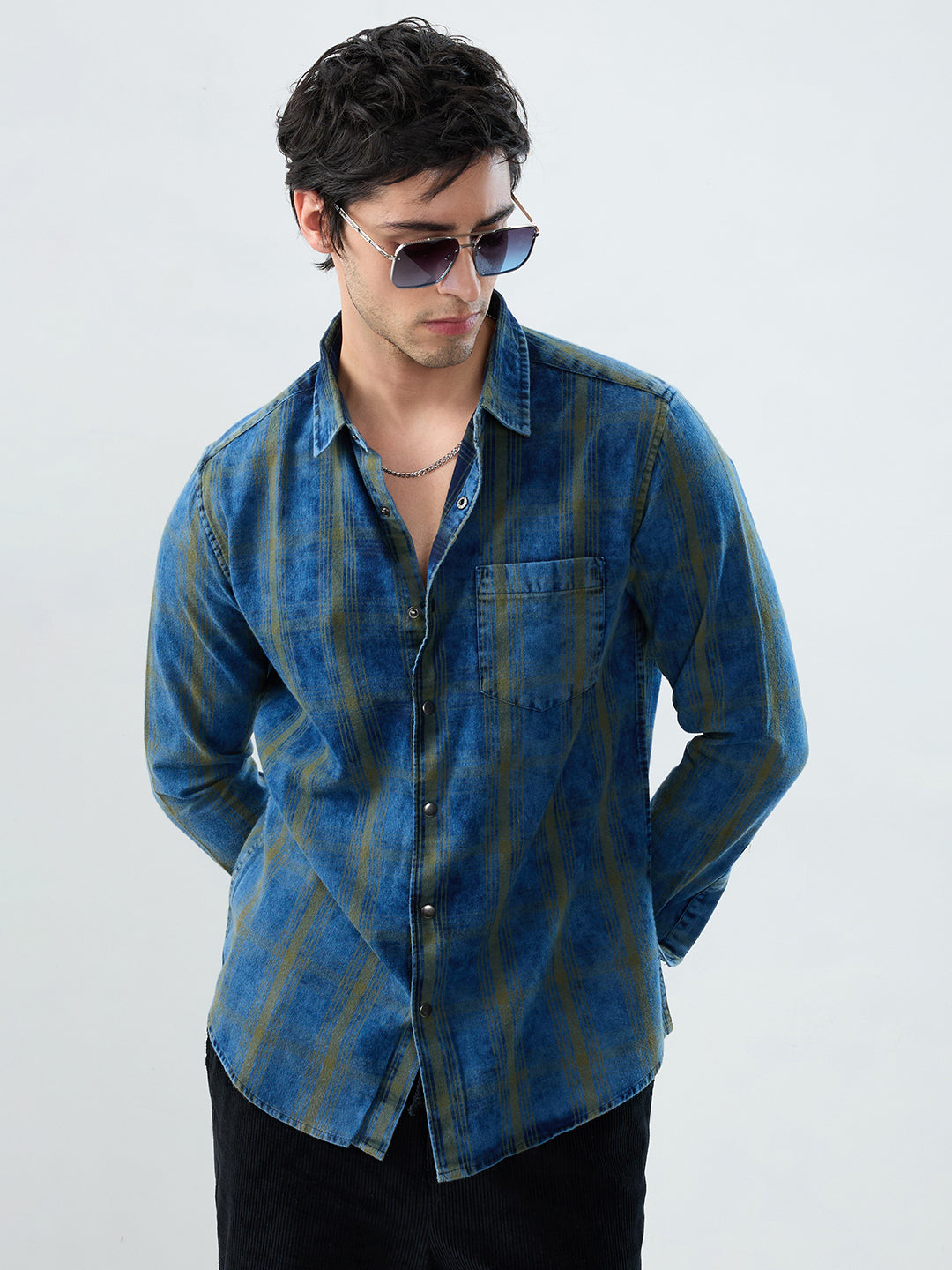 Versatile Navy & Green Denim Plaid Checks Shirt
