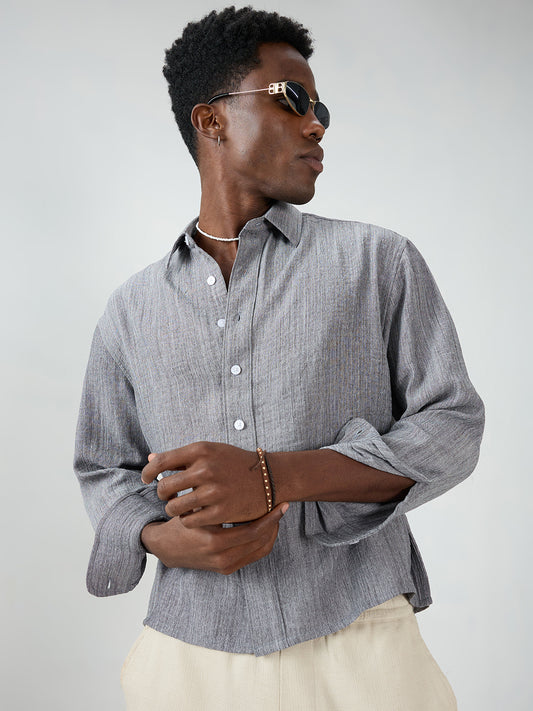 Grey Textured Boxy Fit Crop Shirt