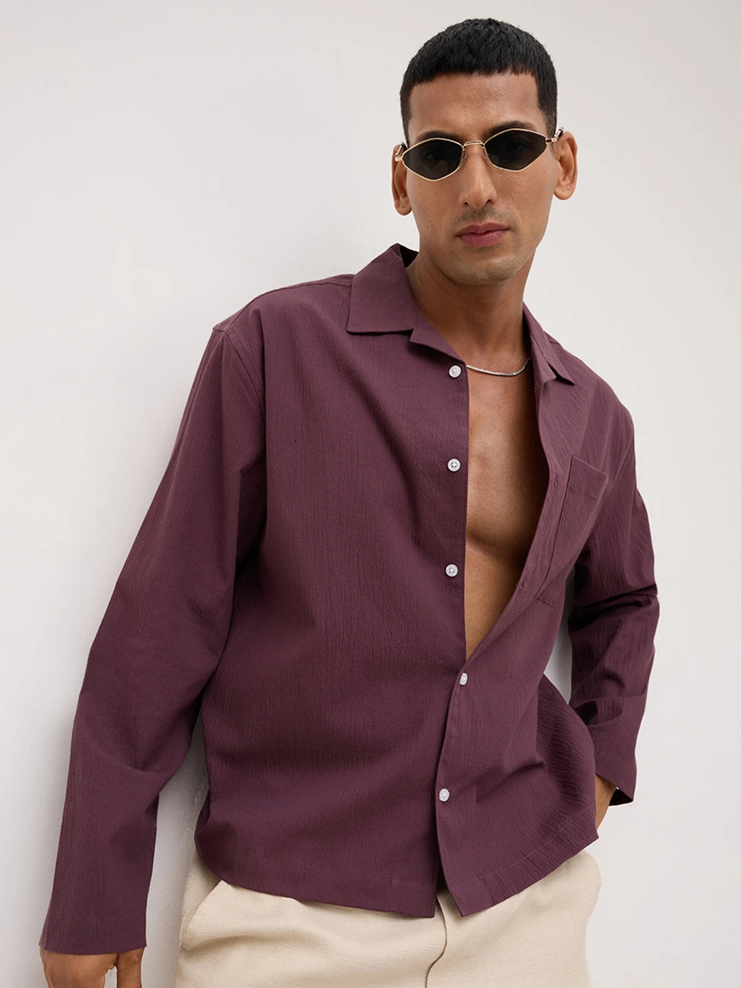 Purple Fine Textured Oversized Notch Collar Shirt