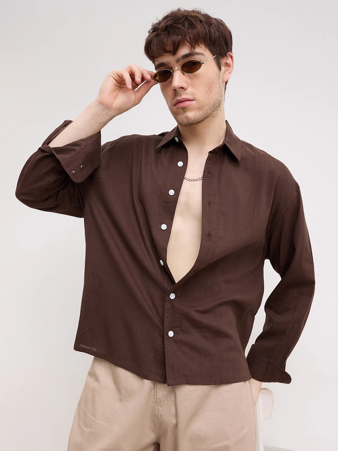 Refined Luxe Brown Boxy Fit Crop Shirt