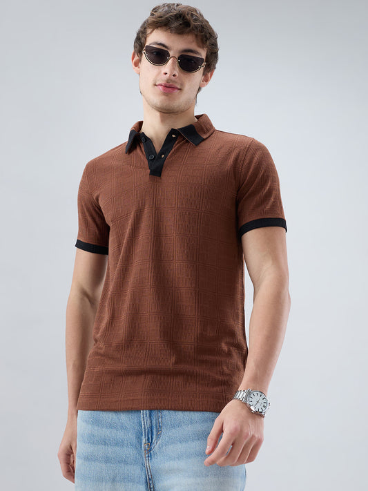 Brown Contrast Polo Neck Knit T-shirt