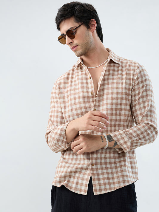 Brown Square Checks Linen Blend Shirt