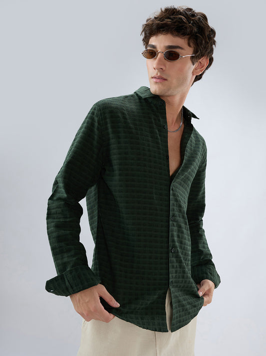 Emerald Green Horizontal Jacquard Striped Shirt