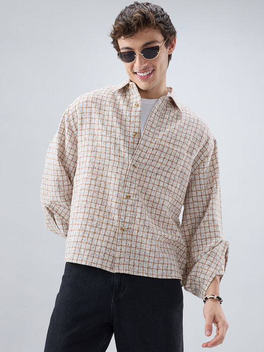 White & Brown Interweave Textured Cuffless Oversized Crop Shirt
