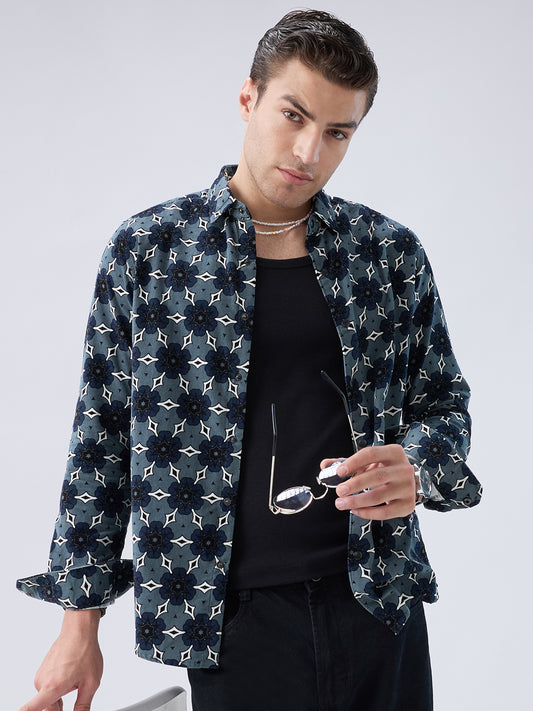 Ocean Blue Motif Bloom Corduroy Shirt