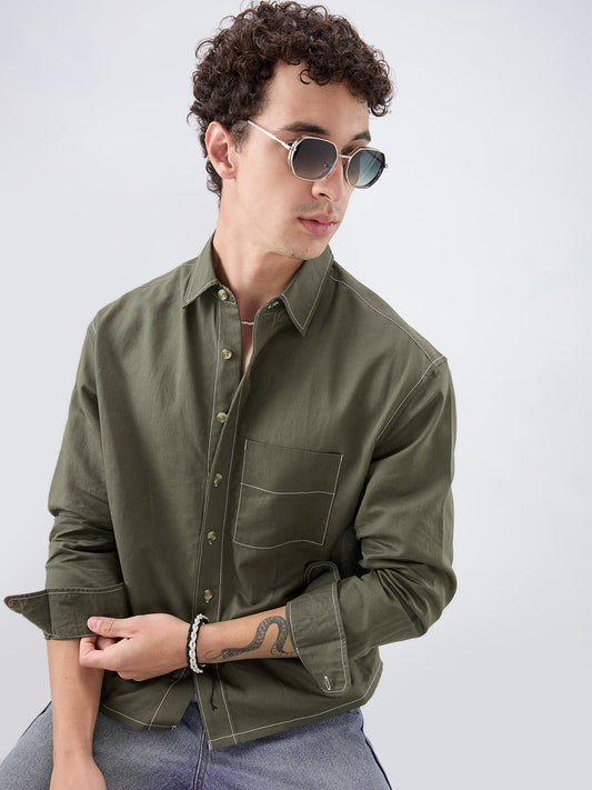 Timeless Olive Linen Blend Contrast Stitch Boxy Fit Crop Shirt