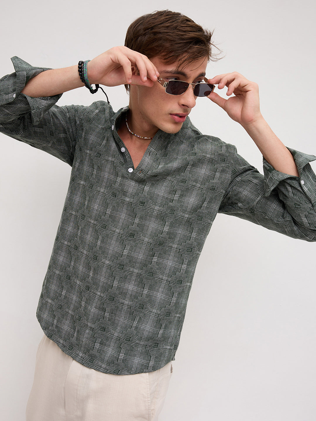 Green Glitch Micro Check Textured Matrix Everyday Kurta