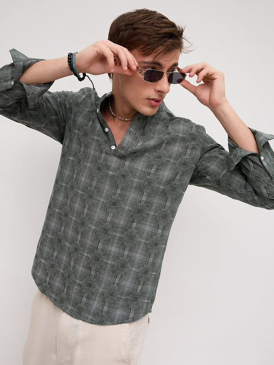 Green Glitch Micro Check Textured Matrix Everyday Kurta