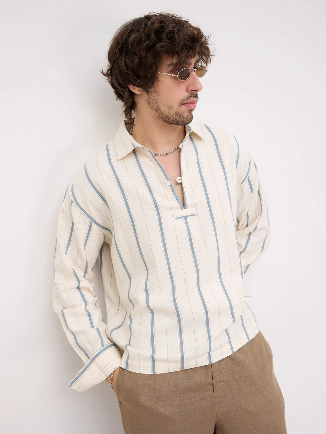 Mediterranean Ivory Blue Multi Striped Loop Button Oversized Shirt