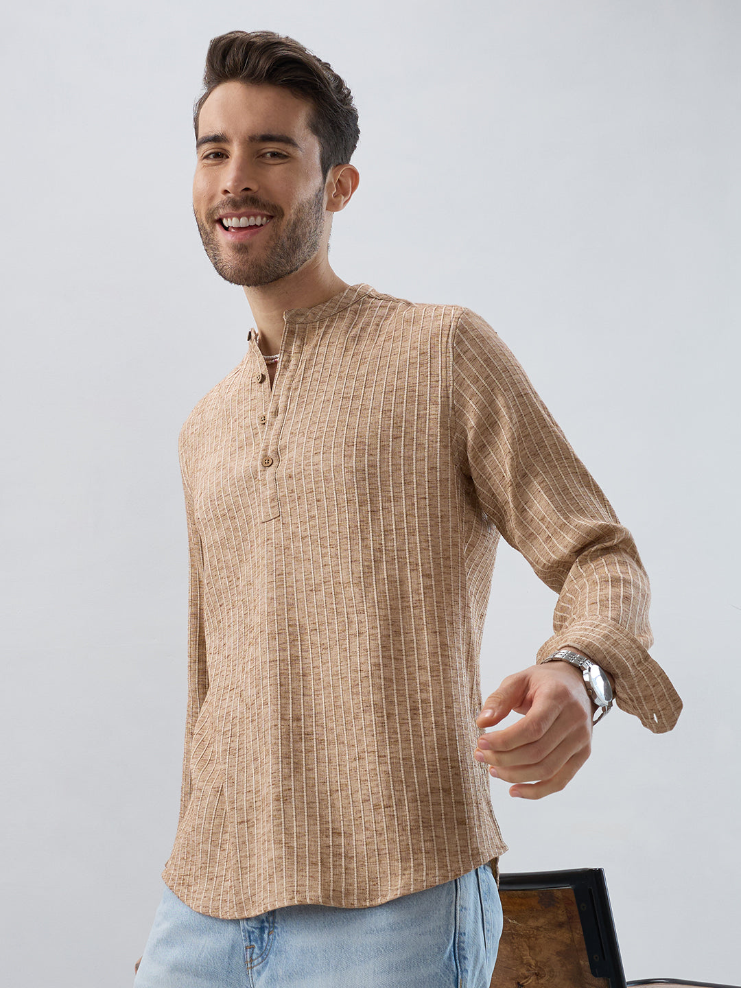 Sand Beige Textured Striped Kurta