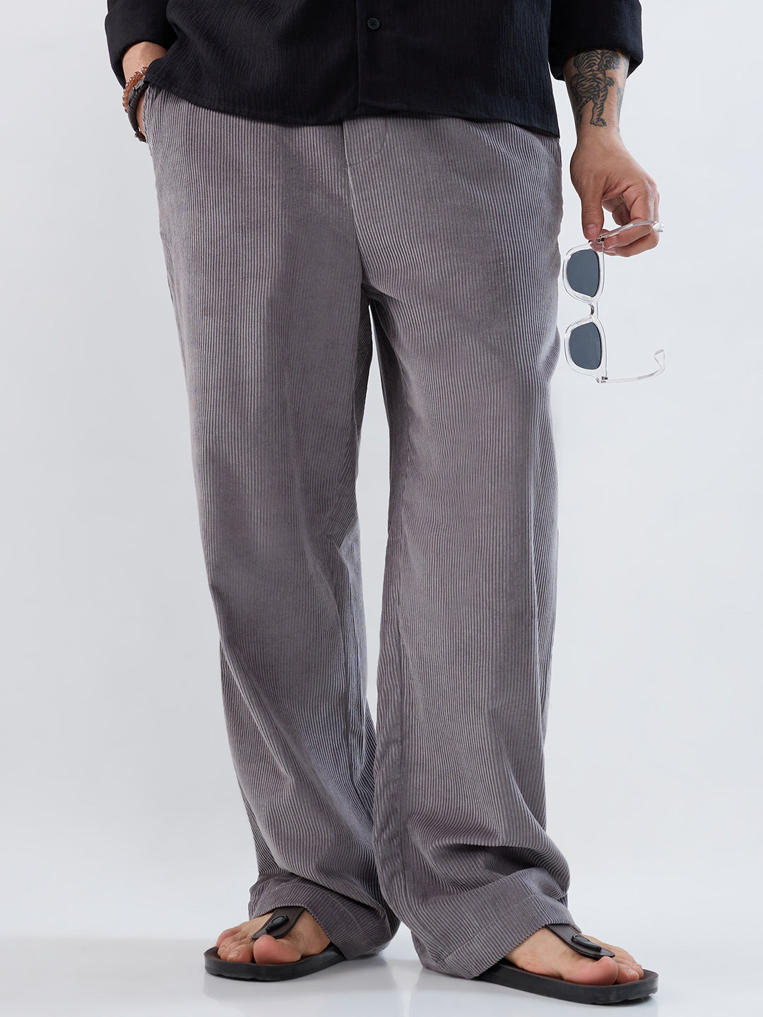 Premium Grey Corduroy Straight-Fit Trousers
