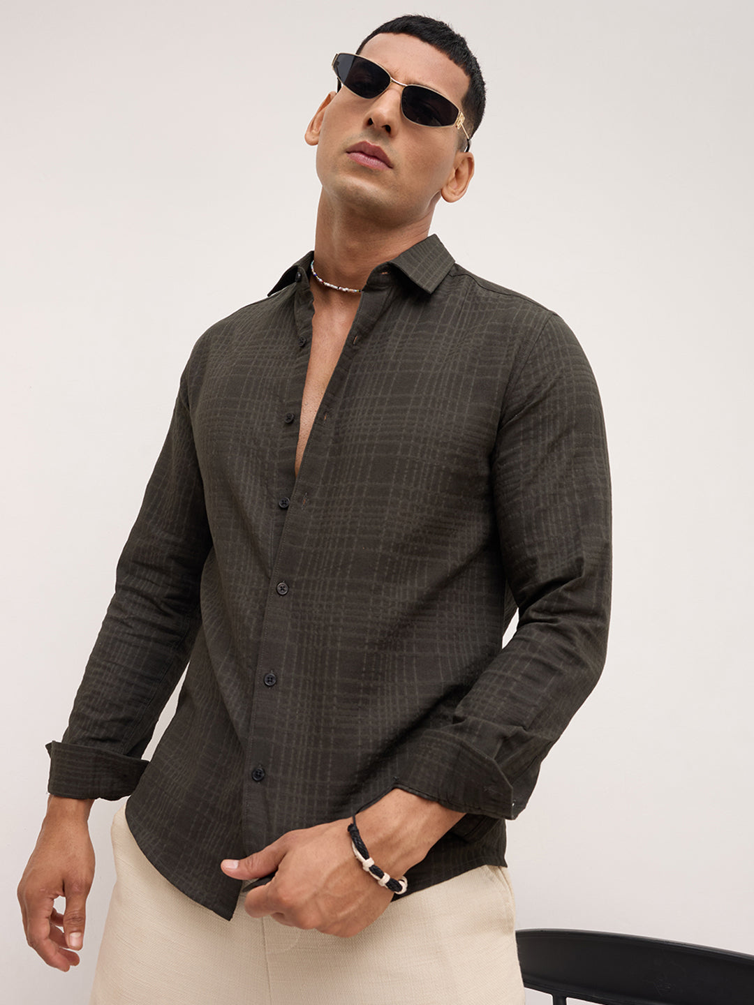 Forest Green Checks Double Cloth Shirt