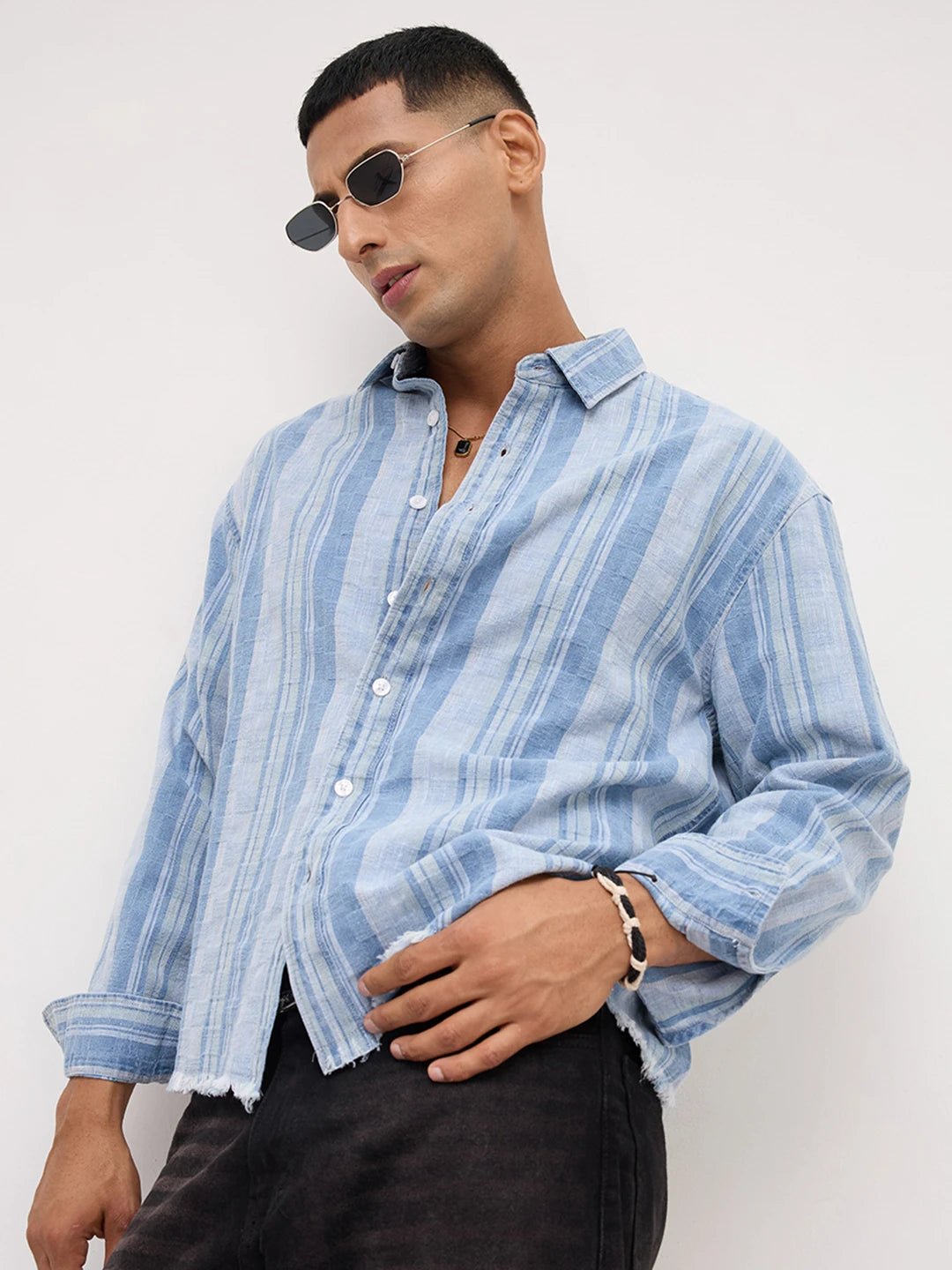 Distressed Hem Denim Blue Variegated Striped Boxy Fit Crop Shirt