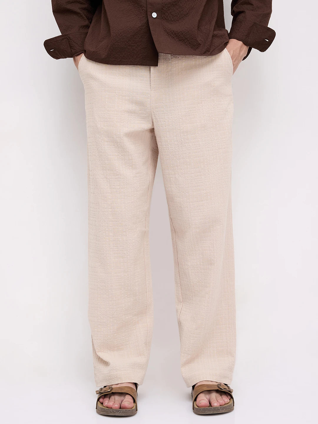 Sand Beige Double Cloth Embossed Straight Fit Trousers