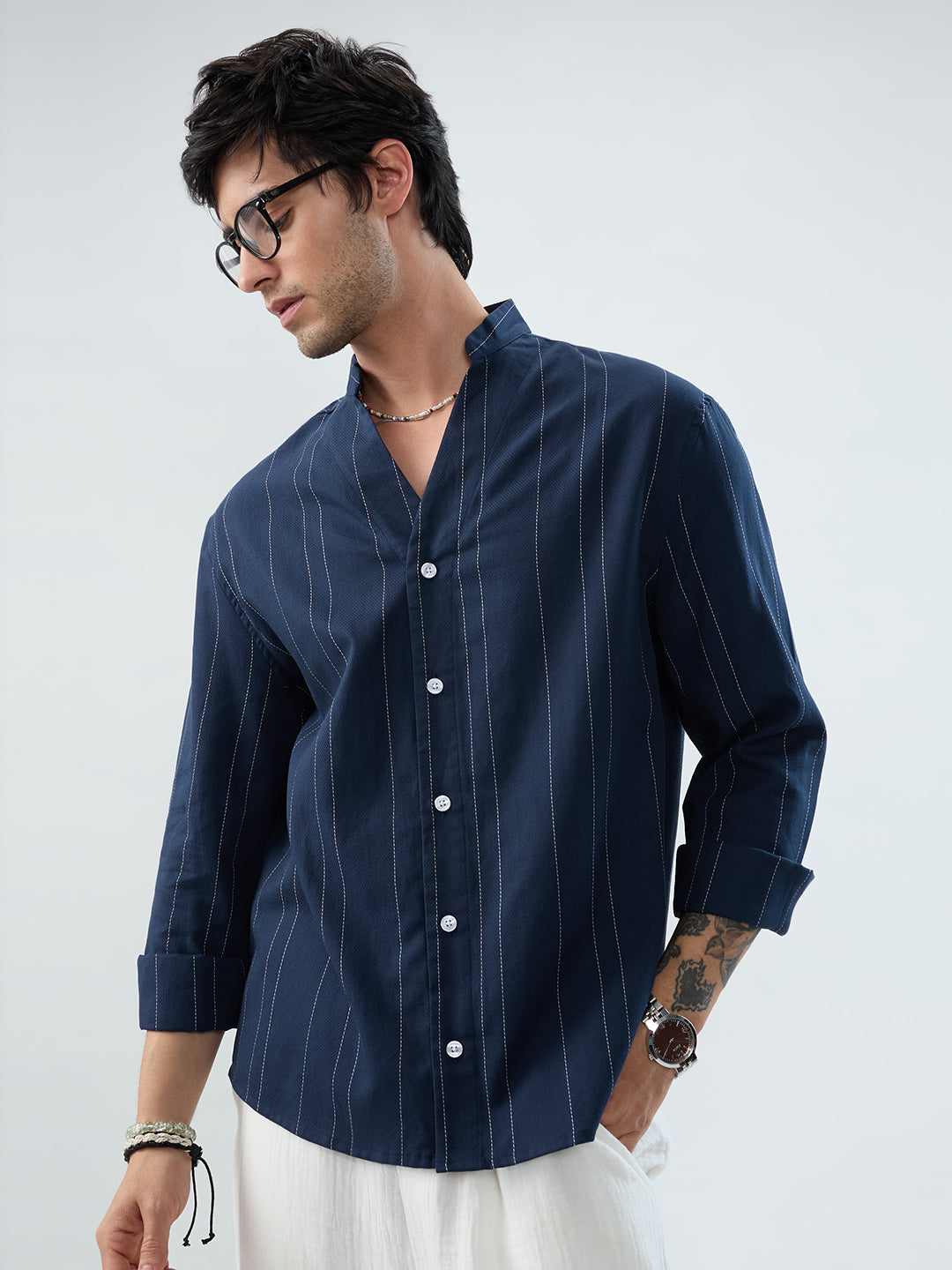 Refined Navy Pinstripe Stand-Collar Oversized Shirt