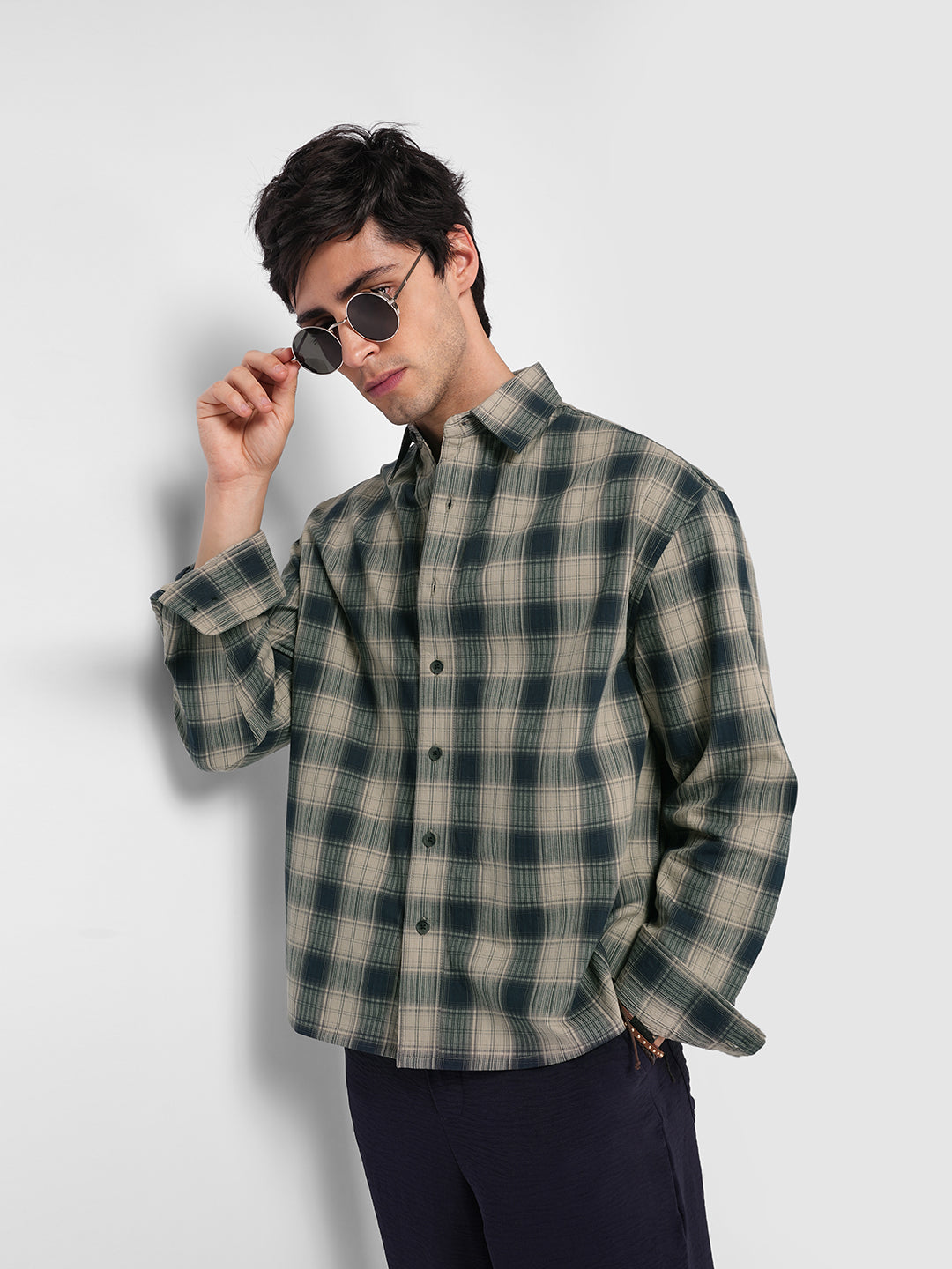 Midnight Navy & Sand Mist Textured Checks Boxy Fit Crop Shirt