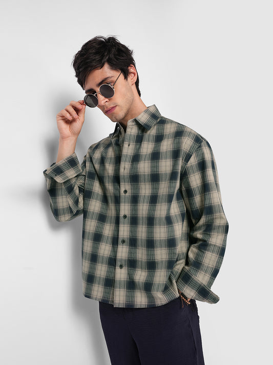 Midnight Navy & Sand Mist Textured Checks Boxy Fit Crop Shirt