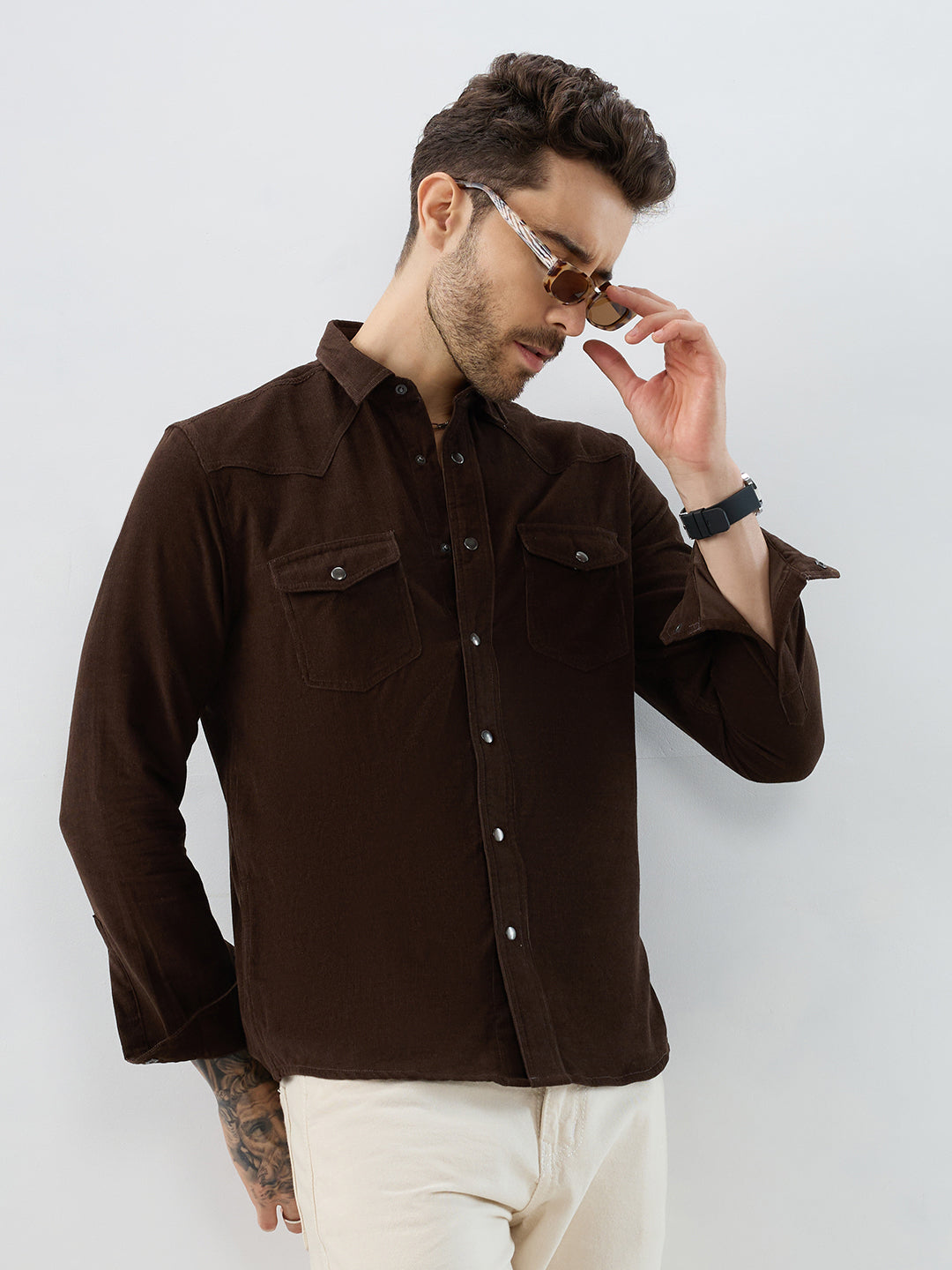 Rich Hickory Brown Double Pocket Corduroy Overshirt