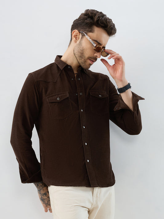 Rich Hickory Brown Double Pocket Corduroy Overshirt