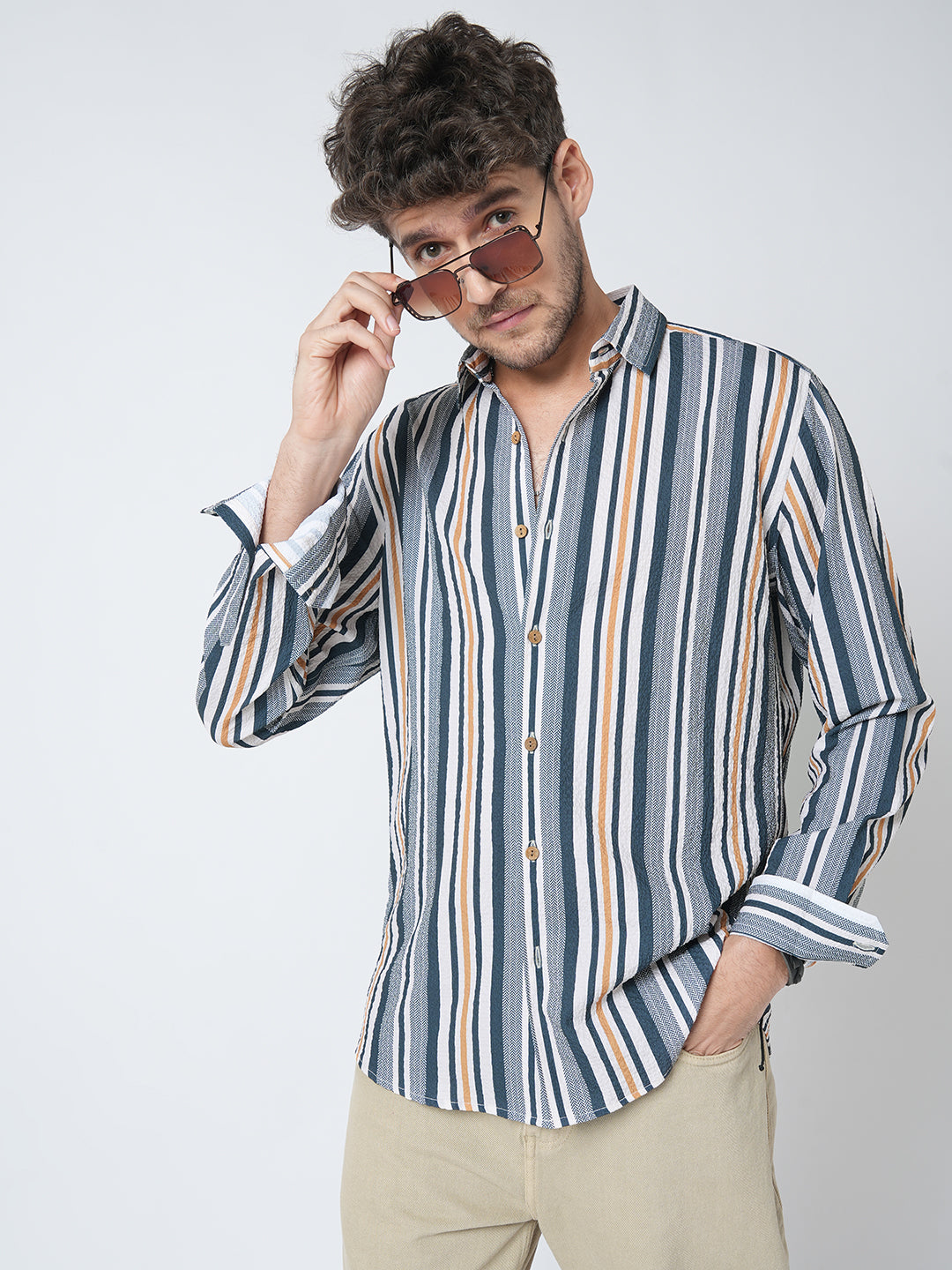Teal Blue & Cream Crinkled Shirt