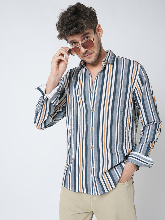 Teal Blue & Cream Crinkled Shirt