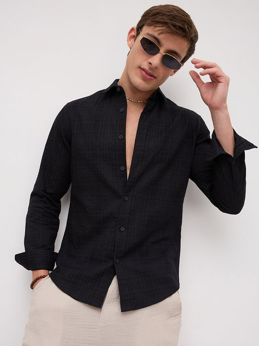 Plush Black Ledger Checks Double Cloth Shirt