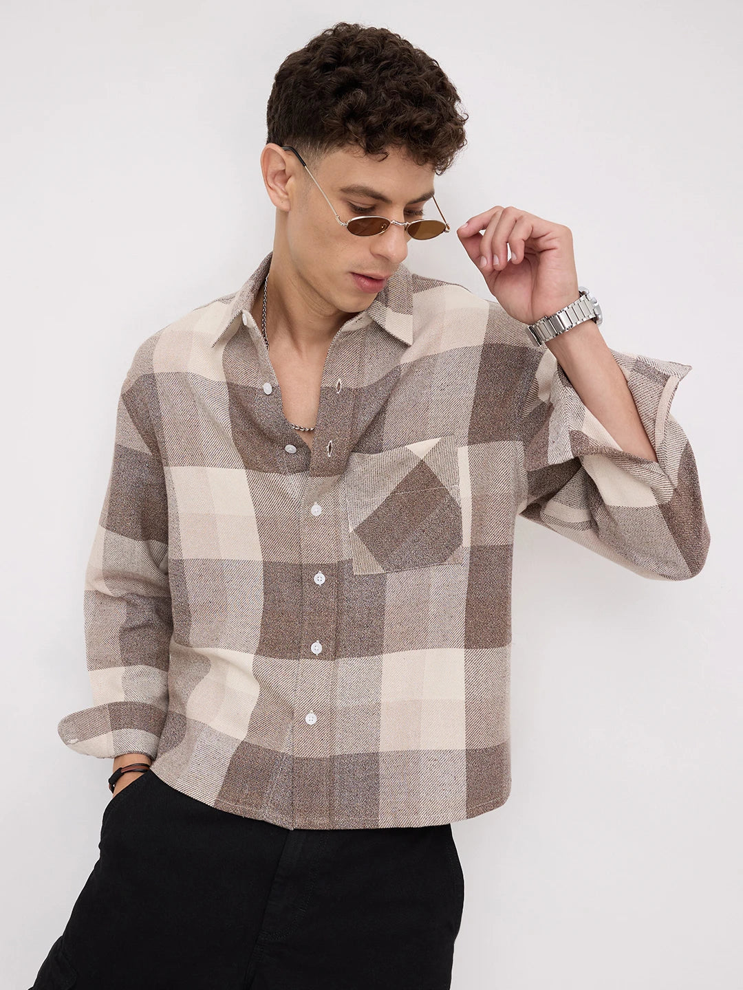 Beige & Brown Square Flannel Checks Boxy Fit Crop Shirt