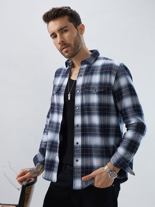 Blue Eminence Ombre Checks Twin Pocket Flannel Shirt