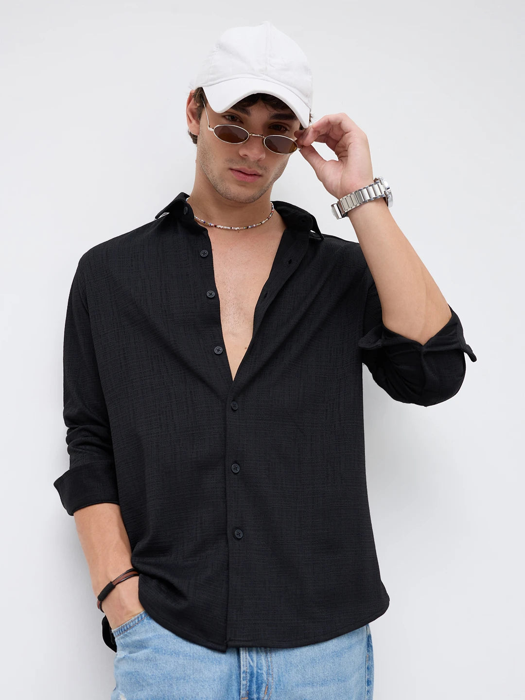 Black Mini Checks Textured Knitted Shirt
