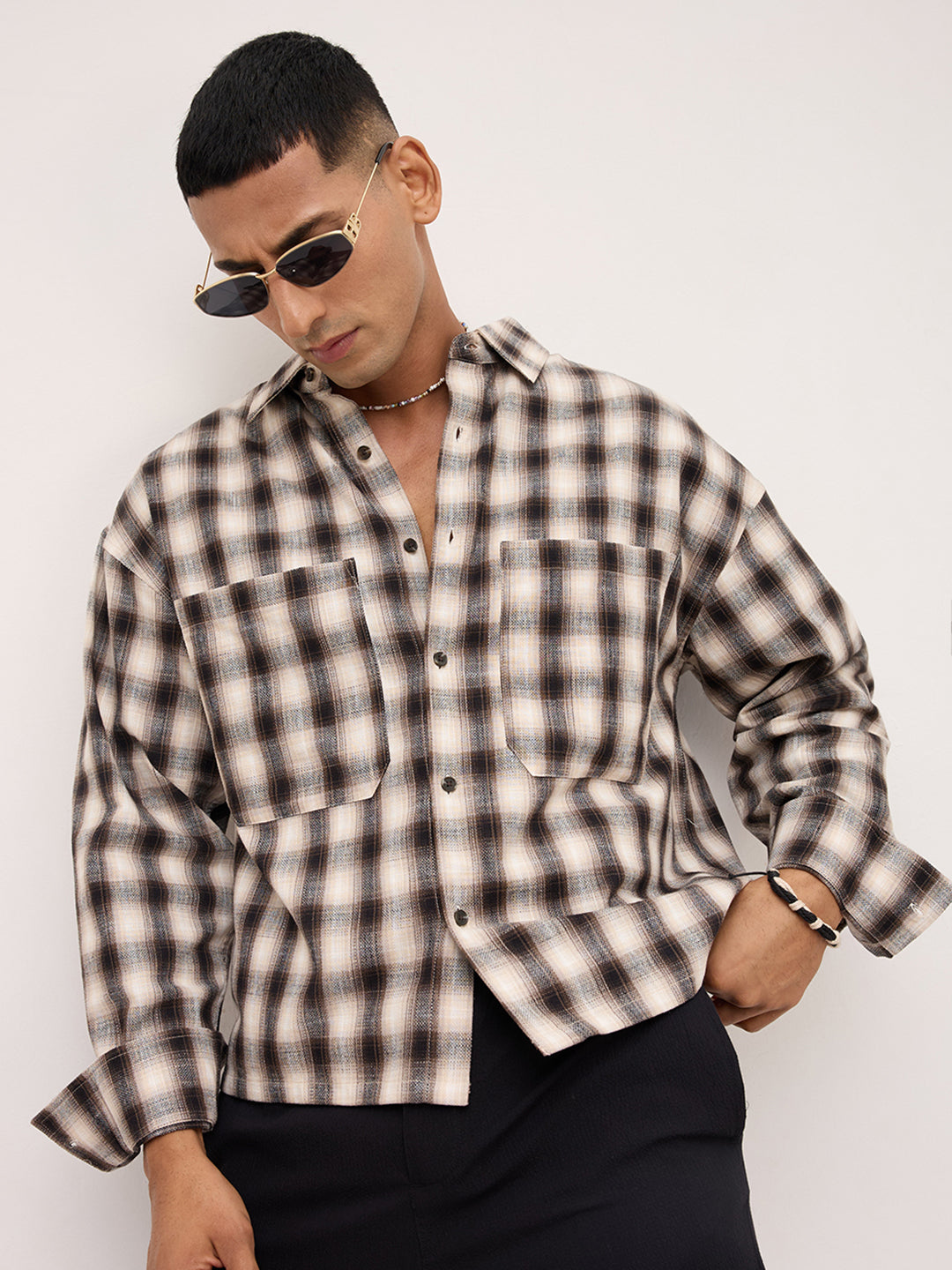 Beige & Black Tartan checks Double pocket Boxy Fit Crop Shirt
