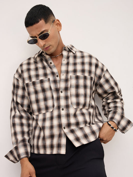 Beige & Black Tartan checks Double pocket Boxy Fit Crop Shirt