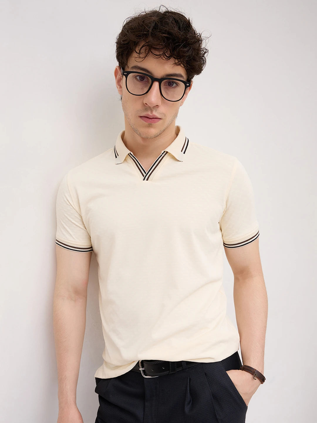 Ivory Contrast Stripe Textured Polo Tee