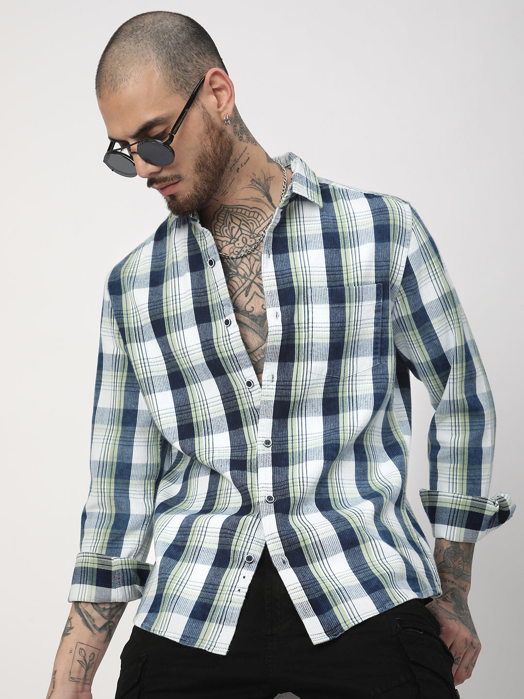 Tea Green & Navy Plaid Checks Corduroy Shirt
