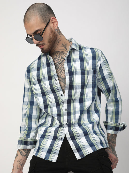 Tea Green & Navy Plaid Checks Corduroy Shirt
